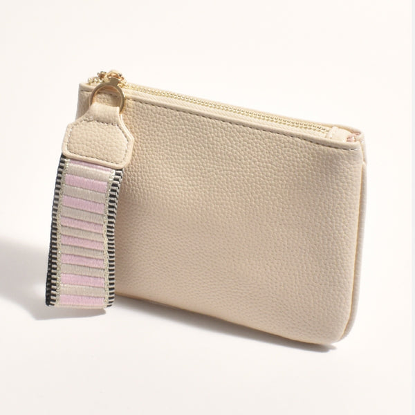 Frankie Pouch in Cream with a Stripe Webbing Wrist Strap