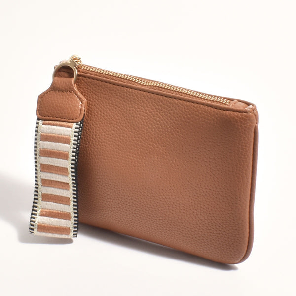 Frankie Pouch in tan with a Stripe Webbing Wrist Strap