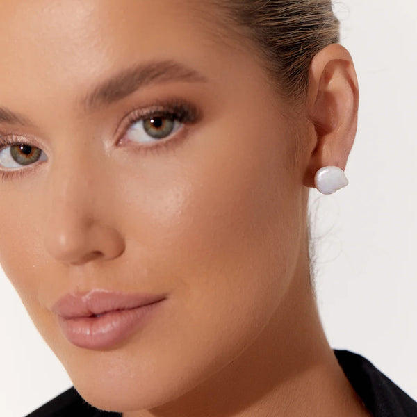 Our Everyday Freshwater Pearl Button Stud Earrings in silver.