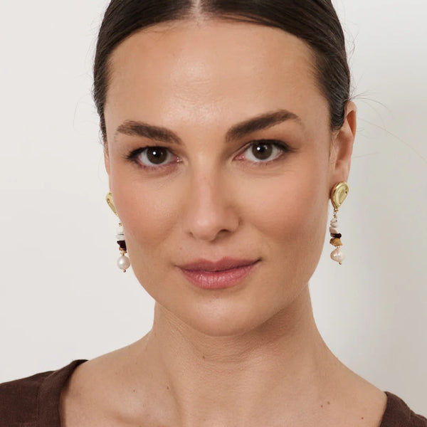 Freshwater Pearl Stone Chip Drop Earrings (Chocolate)