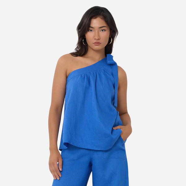 Frida One Shoulder Linen Top (Blue)