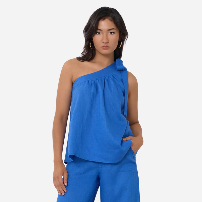 Frida One Shoulder Linen Top (Blue)