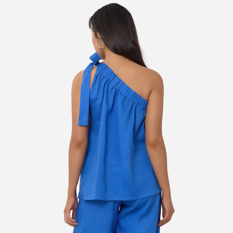Frida One Shoulder Linen Top (Blue)