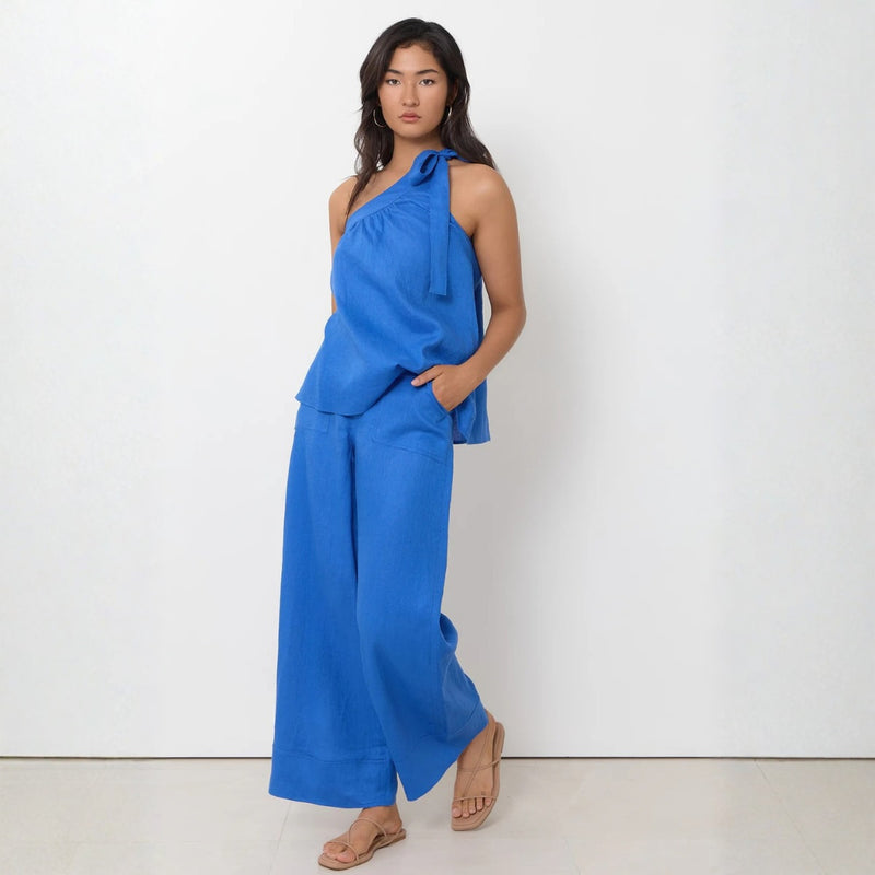 Frida One Shoulder Linen Top (Blue)