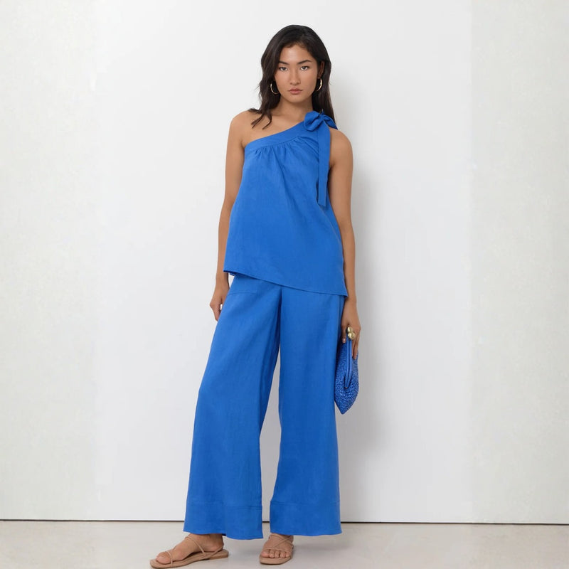 Frida One Shoulder Linen Top (Blue)