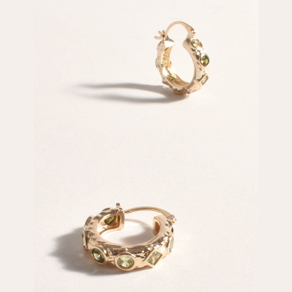 Geo Shape Jewel Hoop Earrings in gold with green coloured jewels