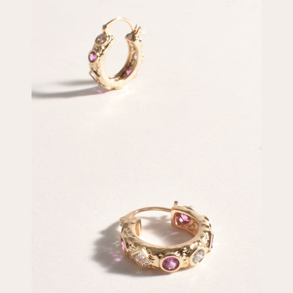Geo Shape Jewel Hoop Earrings in gold with pink and clear crystal jewels
