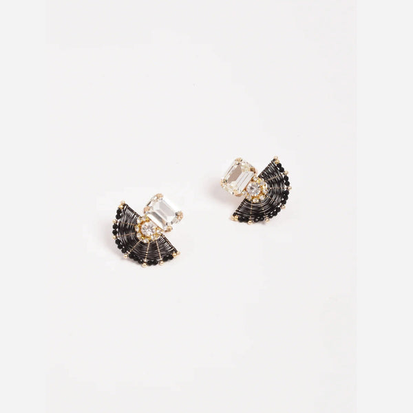 Glass and Bead Fan Event Earrings in Black and Crystal.