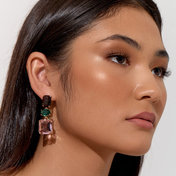 Glass Trio Event Jewel Drop Earrings with a black, green and pink coloured glass drops