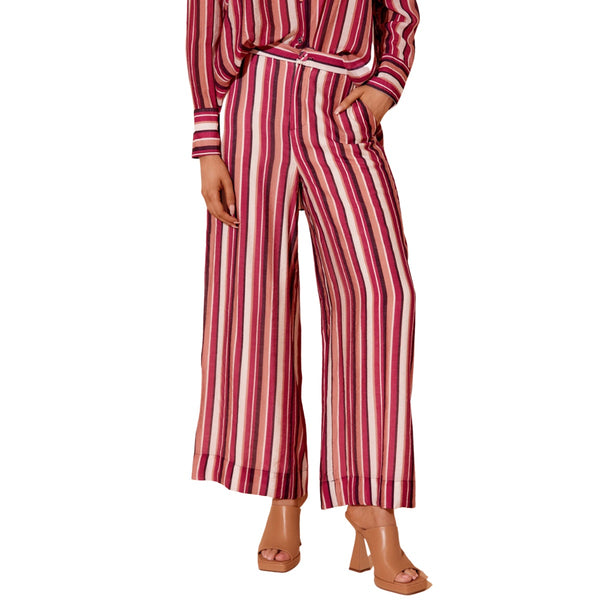 Harper Stripe Wide Leg Pants with a multi stripe print in plum, peach, cream and chocolate