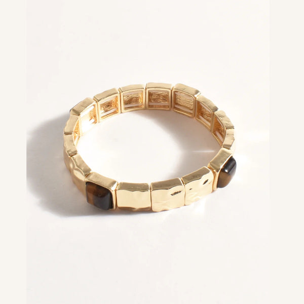 Inset Stone Stretch Bracelet in gold with tortoiseshell coloured stone inserts.