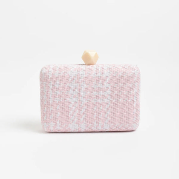 This pink and white clutch has a structured rectangle shape.