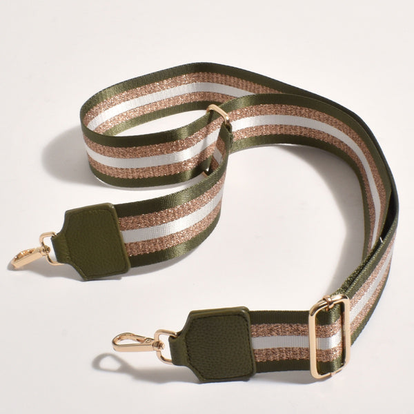Jazmin Webbing Bag Strap with khaki, white and metallic rose gold stripes. The strap is adjustable and has gold hardware