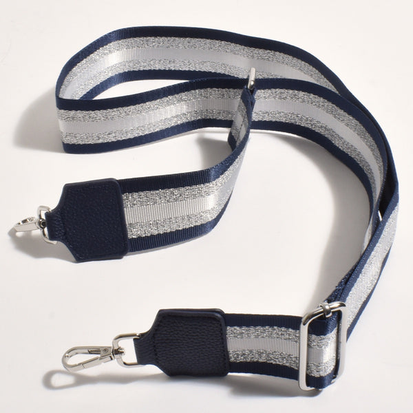 Jazmin Webbing Bag Strap with navy, white and metallic silver stripes. The strap is adjustable and has silver hardware