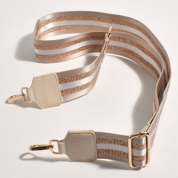 Jazmin Webbing Bag Strap in Nude (with beige, white and metallic rose gold). The strap is also adjustable