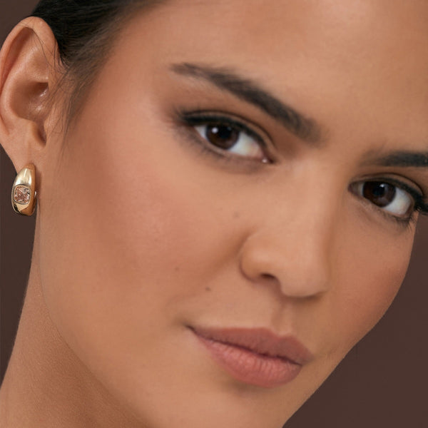 Jewel Front Mini Hoop Earrings in Gold with a square champagne coloured diamante jewel.