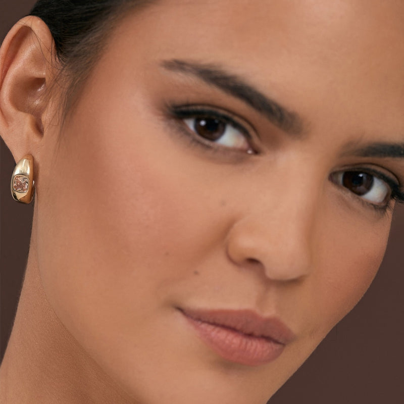 Jewel Front Mini Hoop Earrings in Gold with a square champagne coloured diamante jewel.