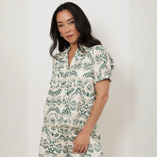 Khloe Embroidered Top in a green and cream print.