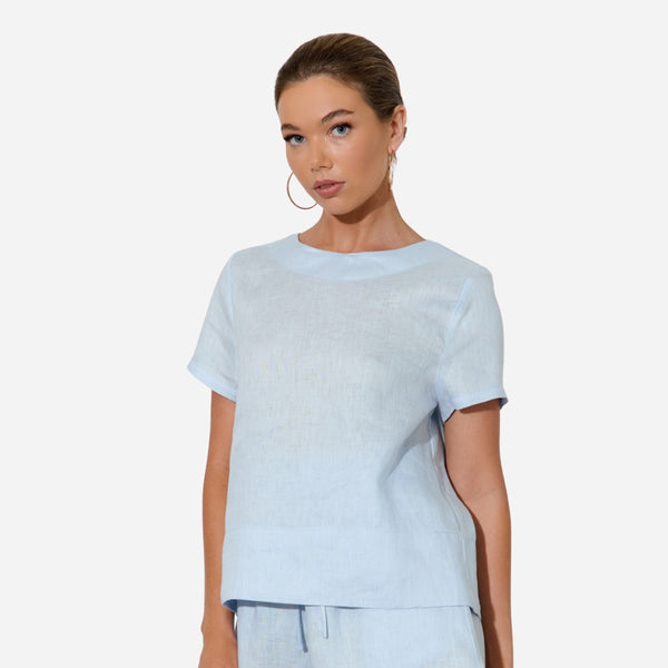 Kita Short Sleeve Linen Top (Light Blue)