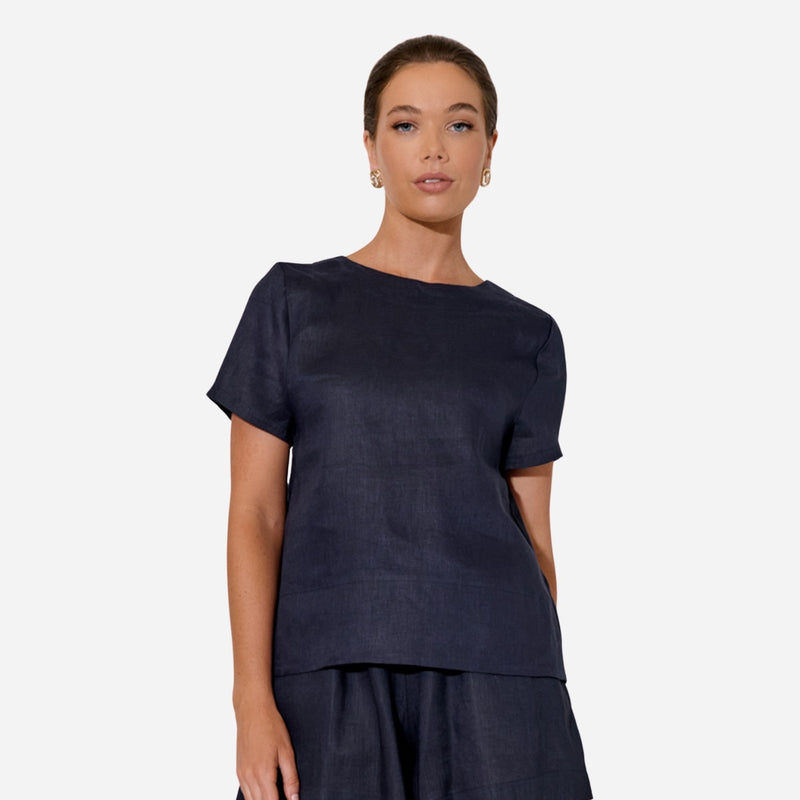 Kita Short Sleeve Linen Top (Navy)