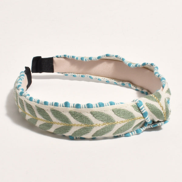 Leaf Pattern Headband in Green, White and Blue with a knot accent on the top