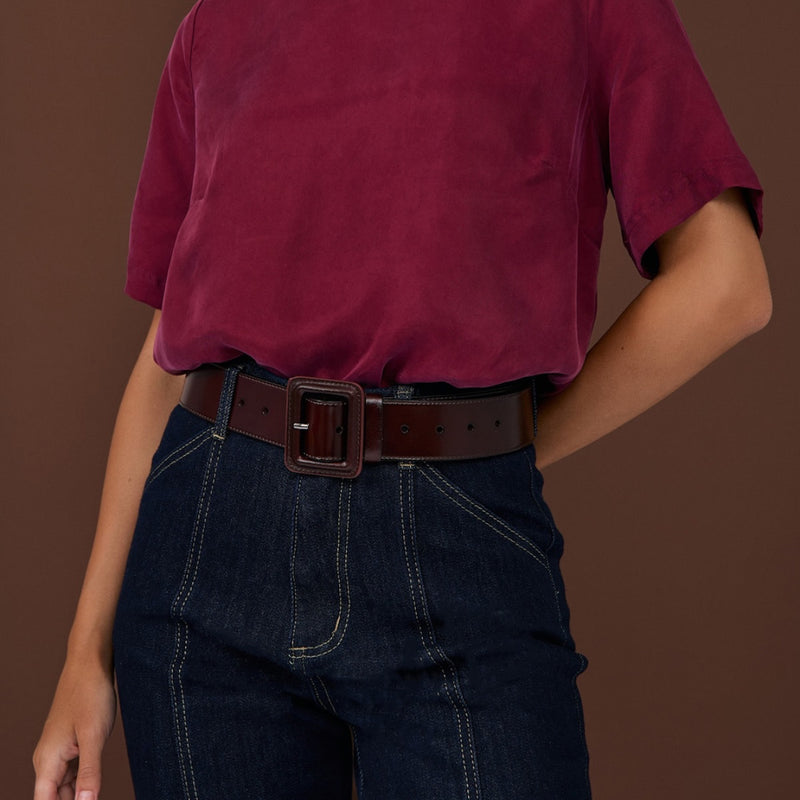 Leather Covered Buckle Belt in Chocolate Brown