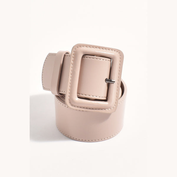 Leather Covered Buckle Belt in a nude pink colour.