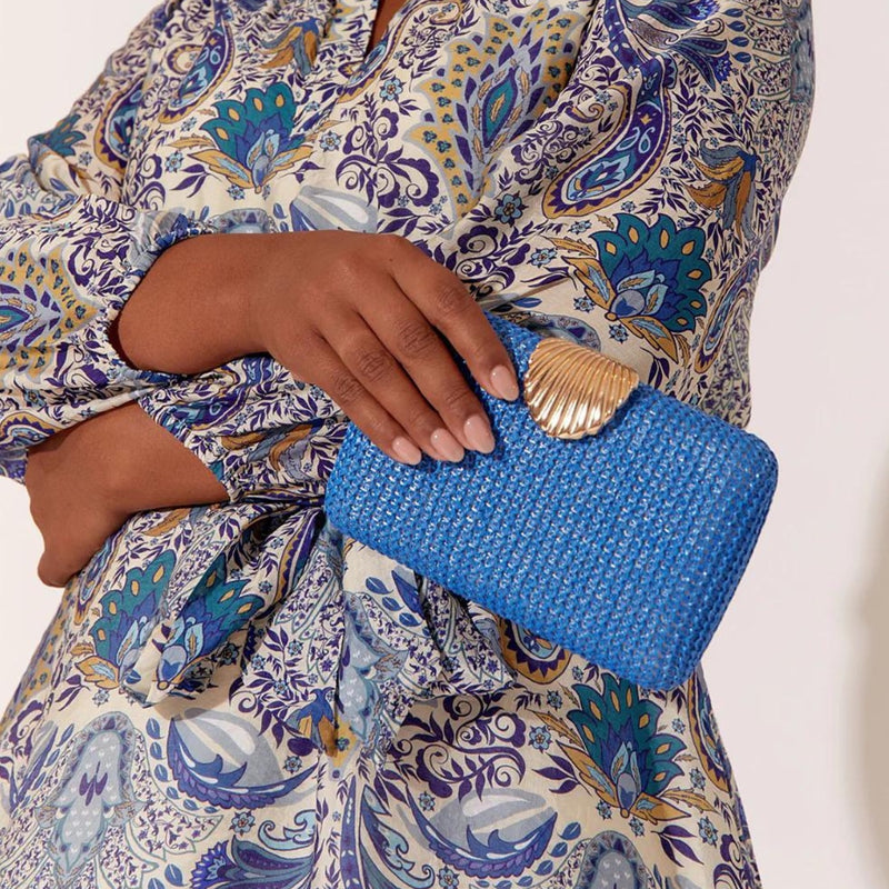 Livy Shell Clasp Woven Structured Clutch in blue