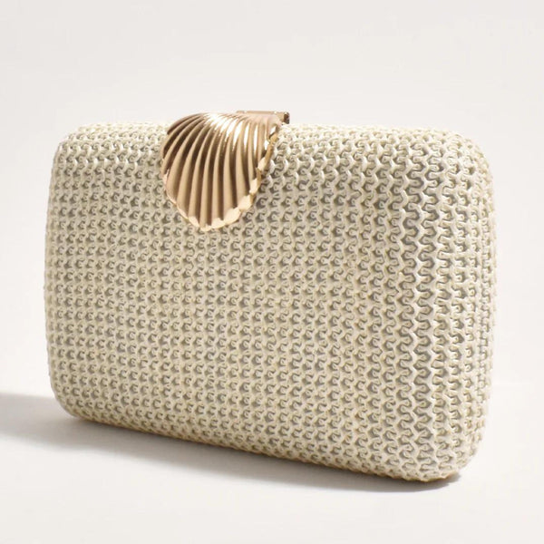 Livy Shell Clasp Woven Structured Clutch in Cream