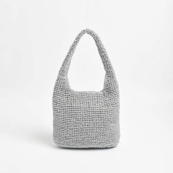 Lonnie Top Handle Mini Handbag in a metallic silver paper weave.