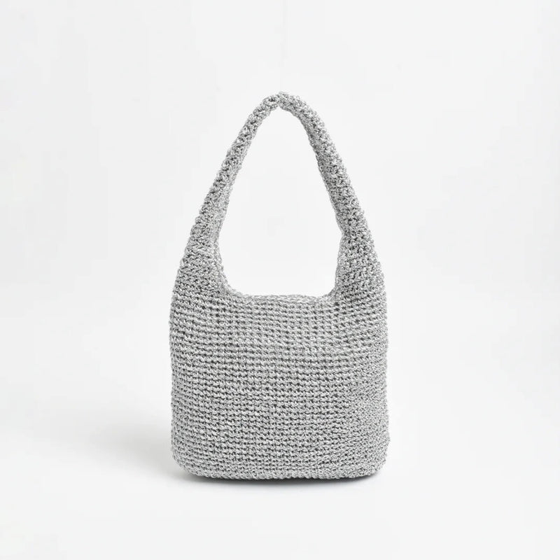 Lonnie Top Handle Mini Handbag in a metallic silver paper weave.