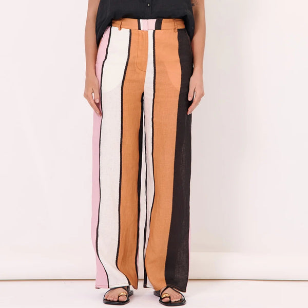 Our fab Lulu Linen Pants have bold stripes in pink, white, rust and a very deep chocolate brown.