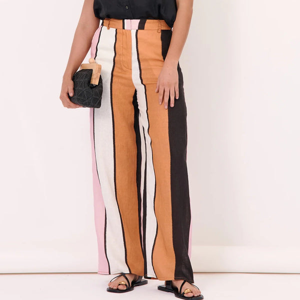 The pants have a flat waistband with belt loops, front pockets and they have a straight leg.