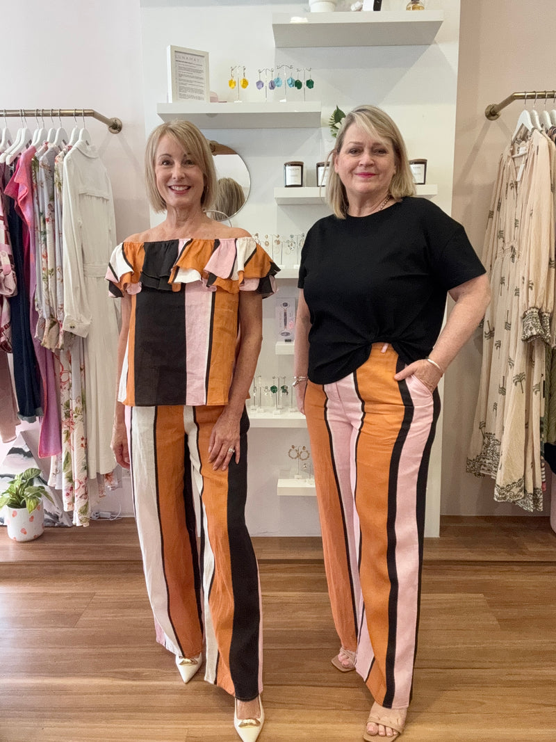 Tanya (left) wearing the Lulu Pants with the matching Serena Frill Top. Jill (right) wearing the pants with our Kenzo tee in black.