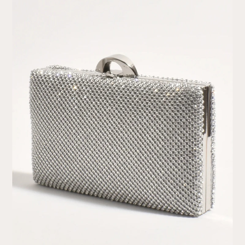 Our Mariah Diamante Structured Clutch in silver.