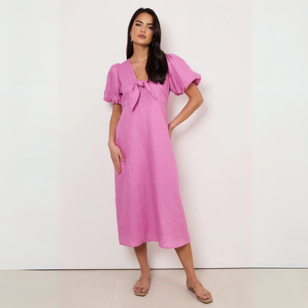 Marissa Tie Detail Linen Dress (Pink)
