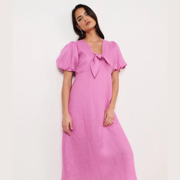 Marissa Tie Detail Linen Dress (Pink)