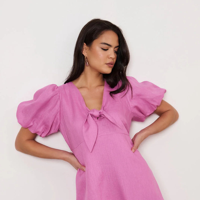 Marissa Tie Detail Linen Dress (Pink)