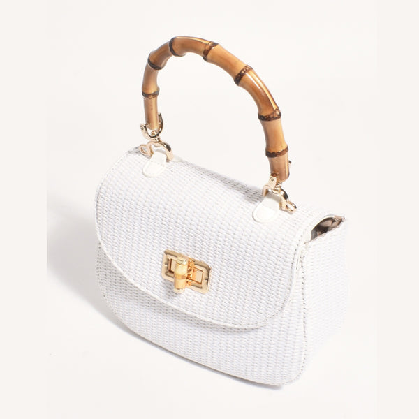 Marissa Woven Bamboo Handle Mini Bag in White