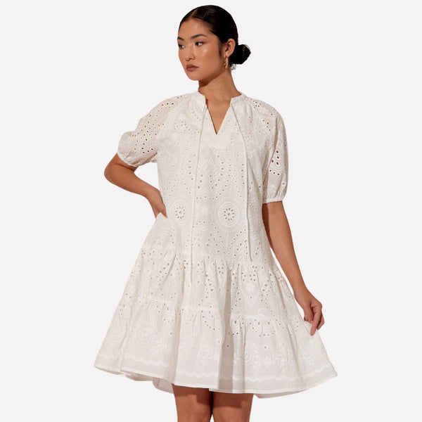Meredith Broderie Dress in a white lace fabric. 