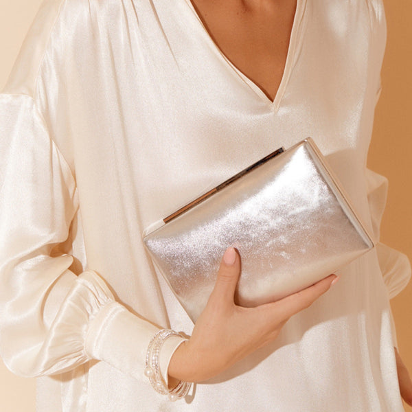 Metallic Structured Rectangle Clutch in Silver