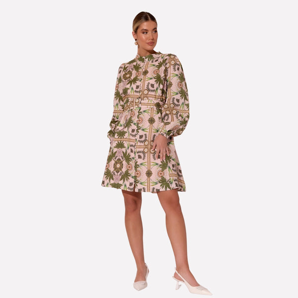 Our Mindy Floral Linen Shirt Dress has a lovely print in khaki, dusty pink and taupe