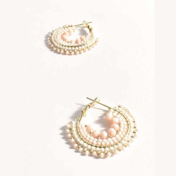 Mini Beaded Hoop Earrings (White/Gold)