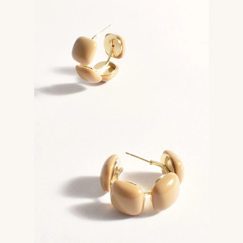 Mini Resin Metal Hoop Earrings in a camel colour.