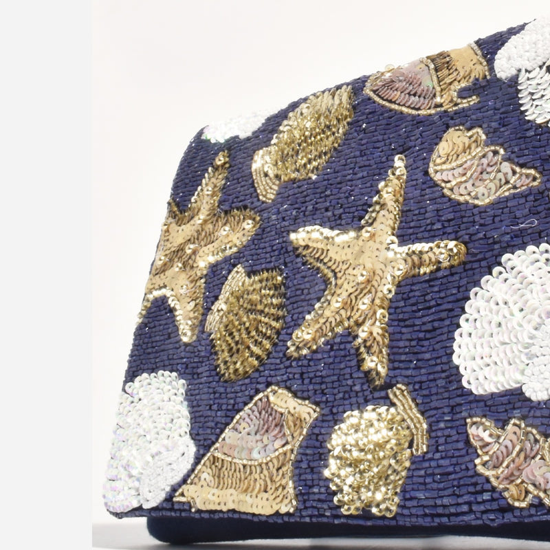 Miranda Seashells Sequin Clutch (Navy/Gold)