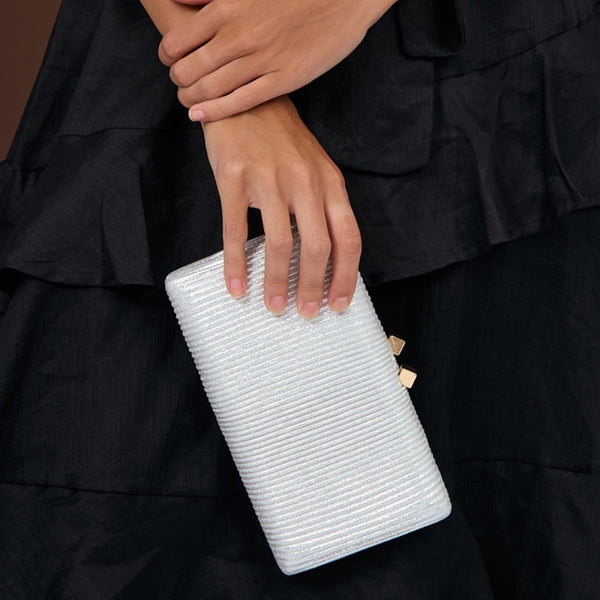 Molten Clasp Metallic Structured Clutch in Silver