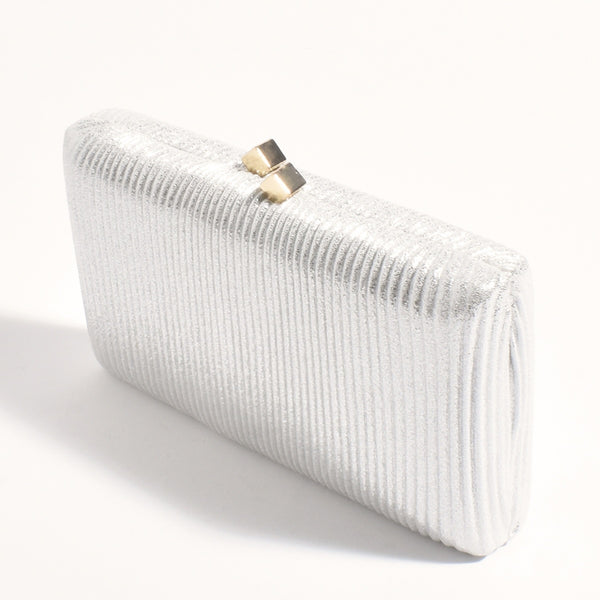 This sparkly silver clutch is a rectangle shape and has a gold clasp closure.
