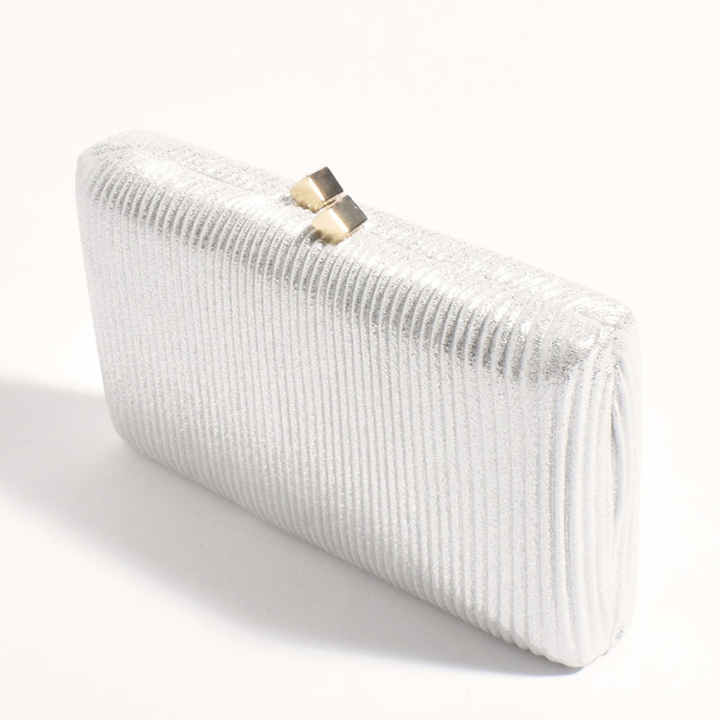 This sparkly silver clutch is a rectangle shape and has a gold clasp closure.