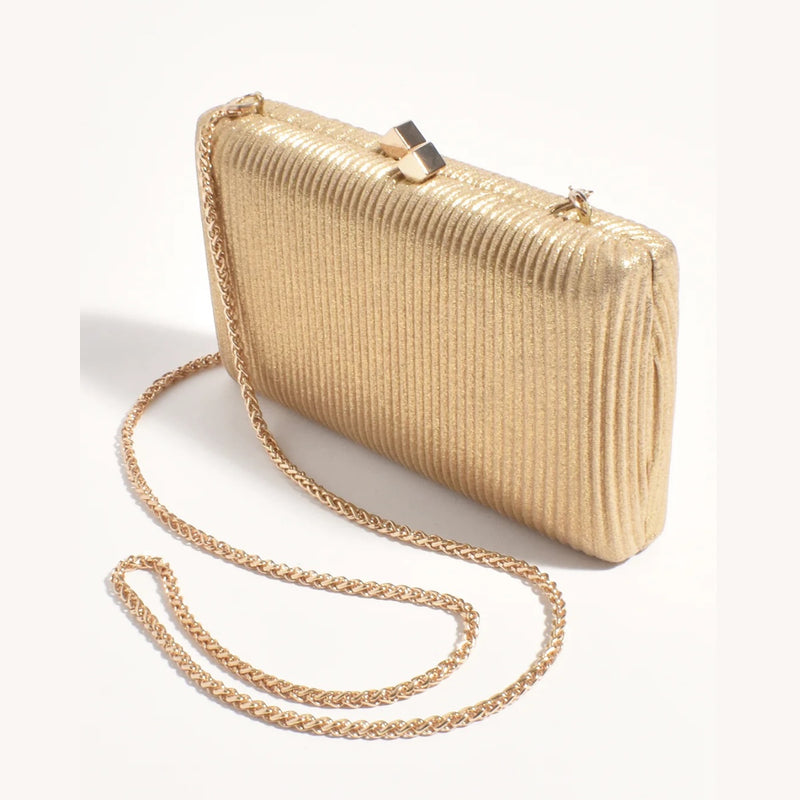 This gold rectangle clutch has a detachable gold shoulder chain strap.