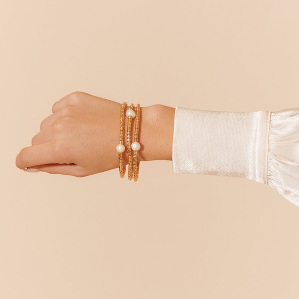 Multi Pearl Snake Stretch Bracelet Set in Gold